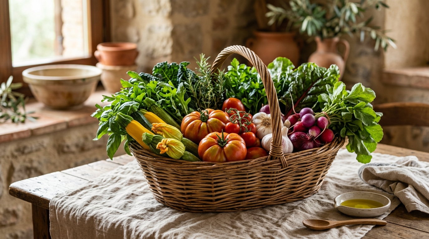 Cesto in vimini ricolmo di verdure italiane di stagione su tessuto di lino, illuminazione vintage
