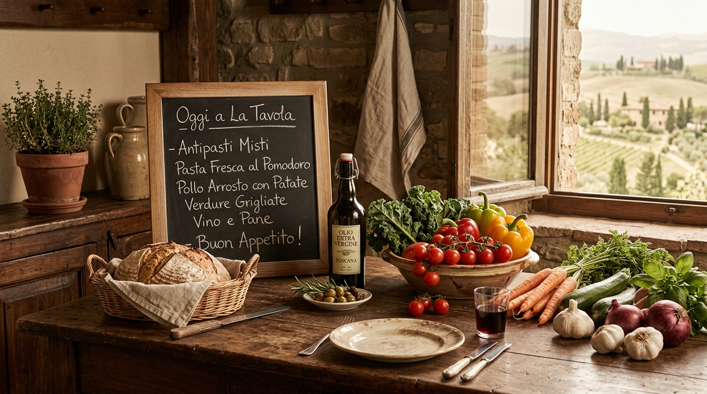 Tavola vintage con piatti freschi di stagione e lavagna del menu settimanale